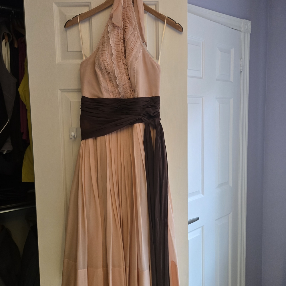 BCBGMaxAzria Blush One-Shoulder Evening Dress with Chocolate Sash